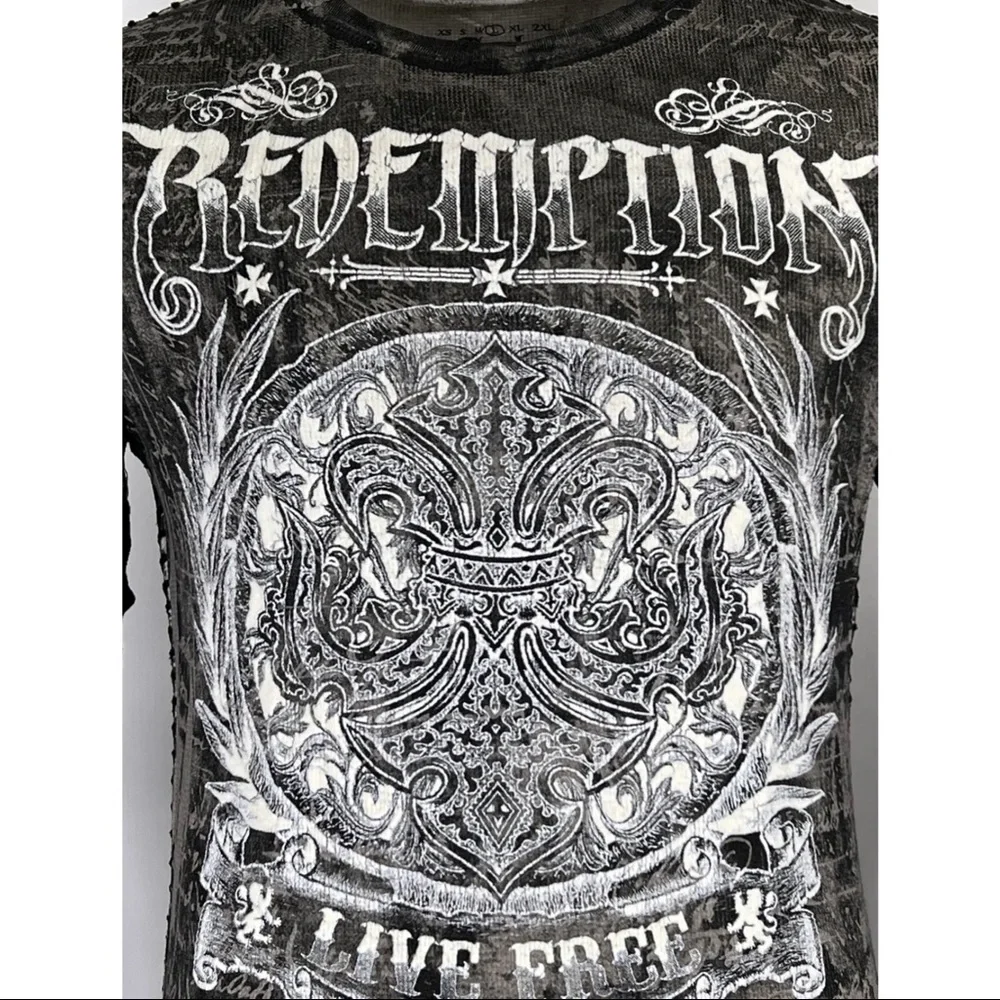 Archaic by Affliction Men's Thermal Shirt SHIELDED Wing Biker Gray - Picture 7 of 9